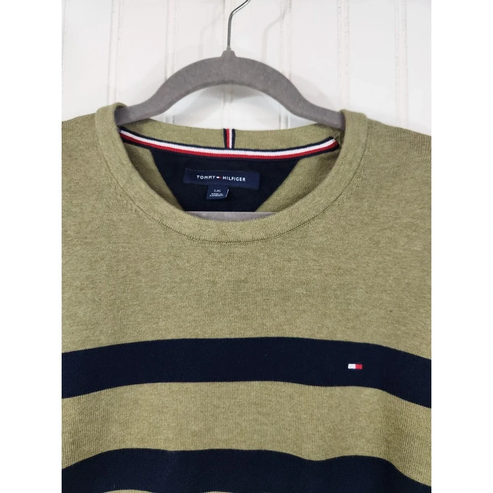 Tommy Hilfiger Mens Striped Crewneck Sweater Olive Green Cotton Large Preppy